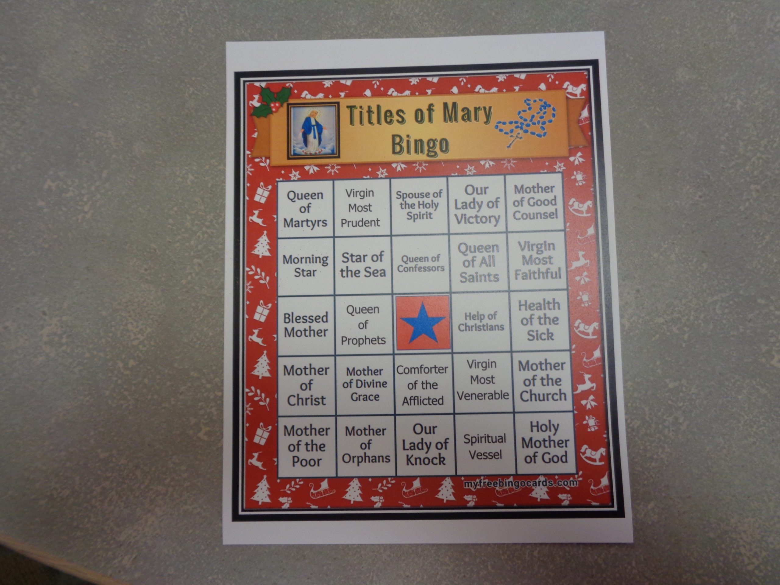 Marian Bingo card