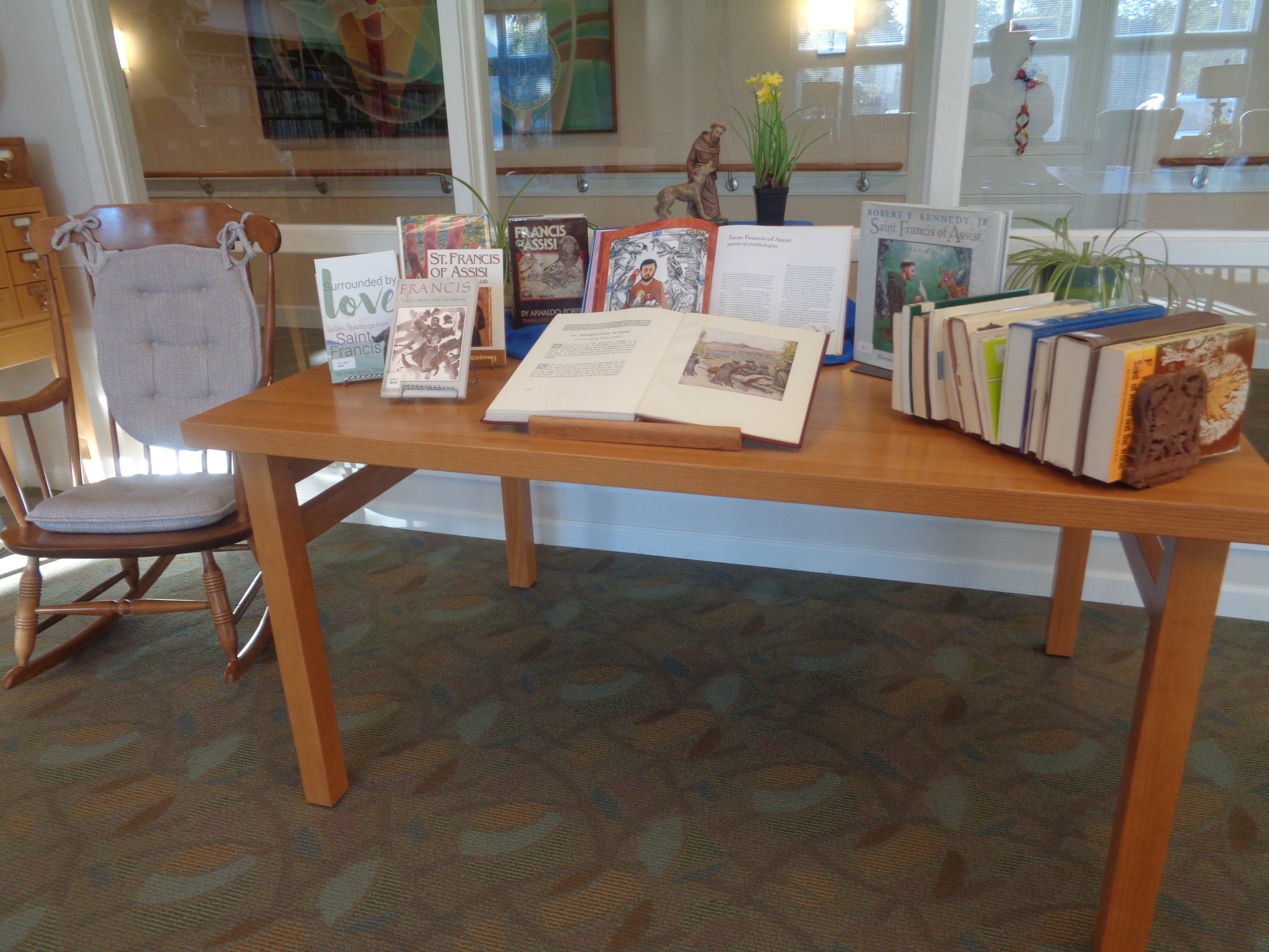 Library display in honor of St. Francis